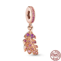 925 sterling silver noble purple zircon rose gold leaf shape charms fit original bracelet making fashion diy jewelry for women