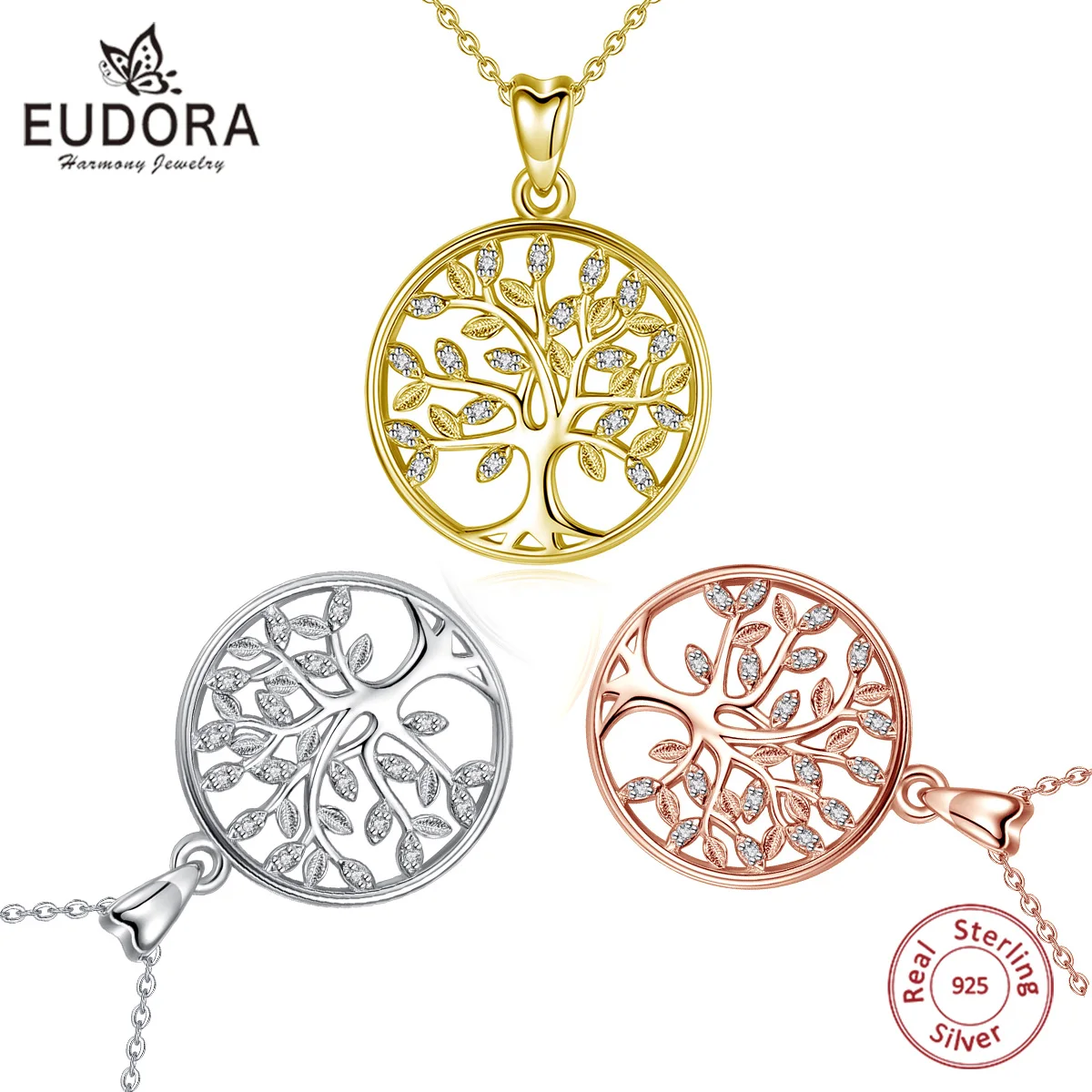 

Eudora 925 Sterling Silver Tree of Life Pendant Necklace Silver Golden Rose Gold Color AAA CZ Fine Fashion Jewelry for women