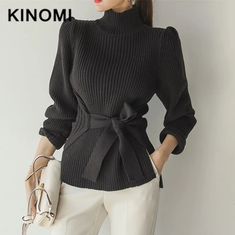 KINOMI Женский пуловер пояс-кушак свитера черный осень зима мода сплошной водолазка