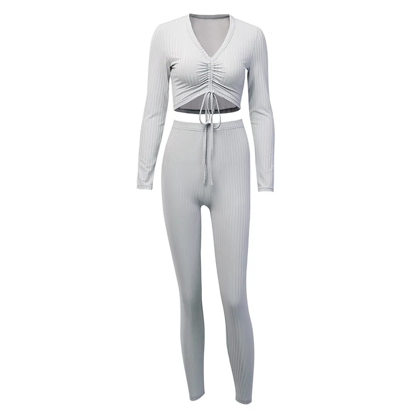 

Sexy Crop Tops Pants Autumn Feminine Matching Sets Streetwear Tracksuits Women's Two Piece Sets V-neck Long Sleeve