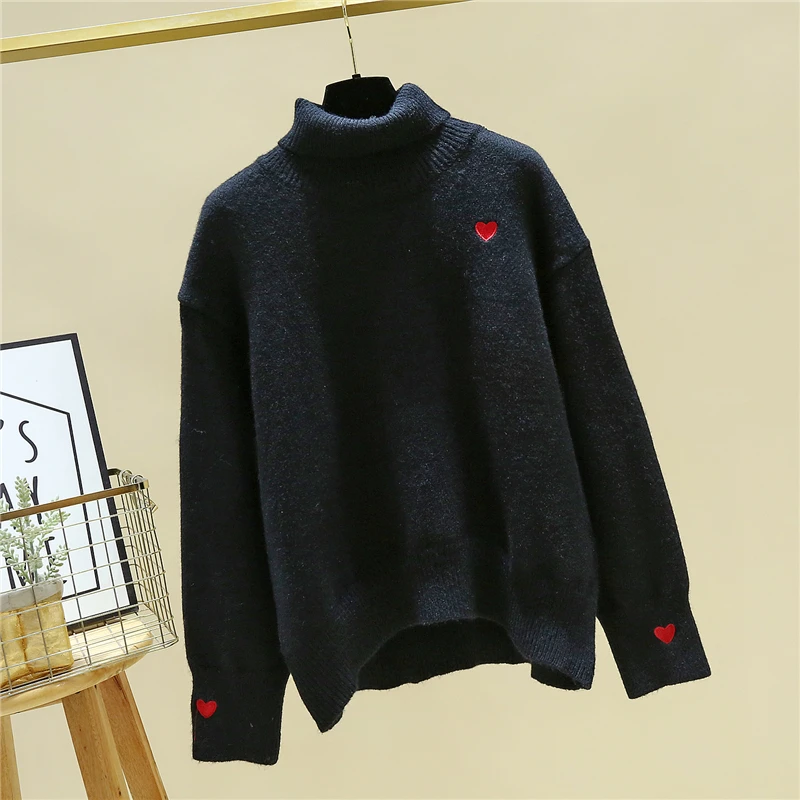 Свитер с вышивкой love воротником-хомутом Осень-зима 2018 плотный вязаный пуловер