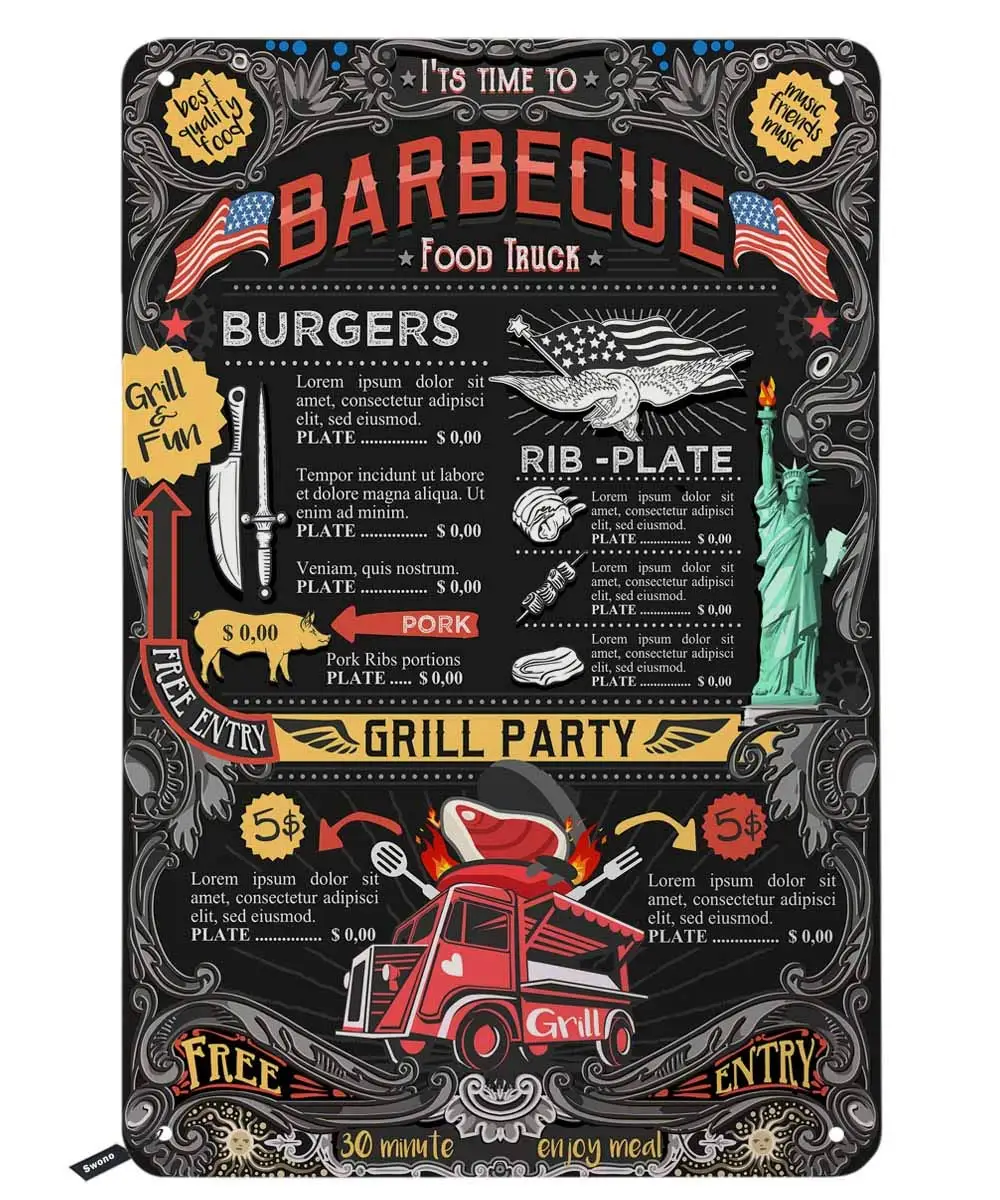 Пришло время для барбекю знаки олова Еда грузовик Гриль вечерние на черном фоне
