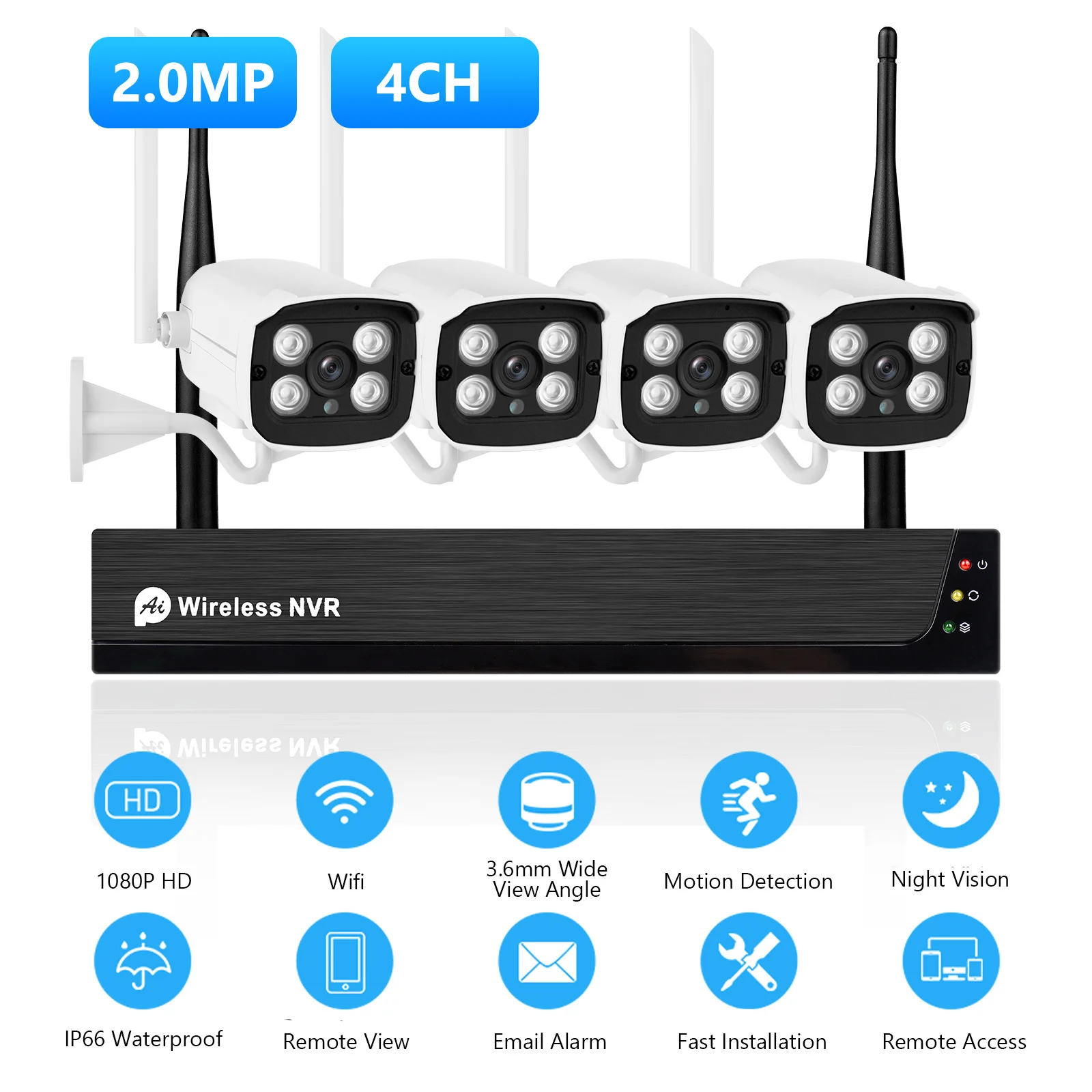 

Security Camera System 4CH NVR+4pcs 1080P Waterproof Surveillance IP Cameras Night Vision Motion Alert Tuya APP Remote Access