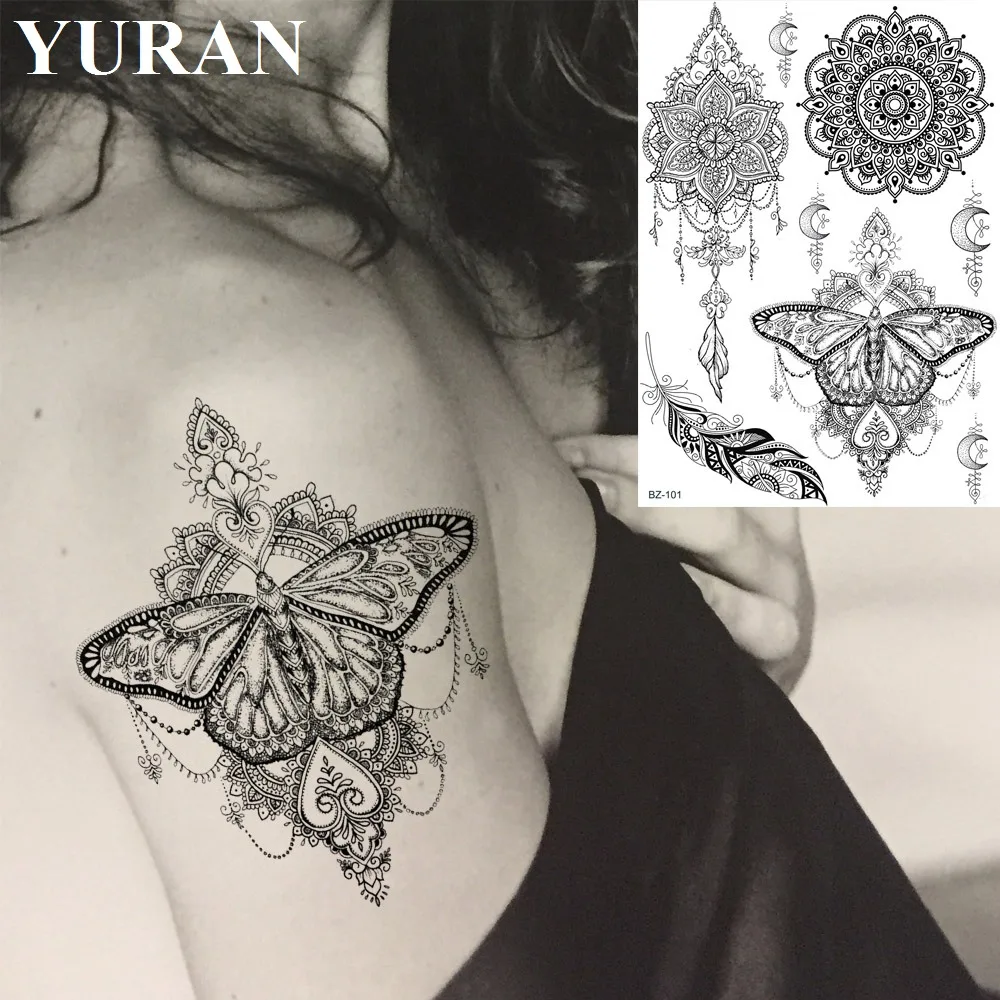 

Moth Black Lace Feather Mandala Henna Flower Tattoos Stickers India Body Art Tattoo Temporary Custom Arm Neck Tatoos Women Girls