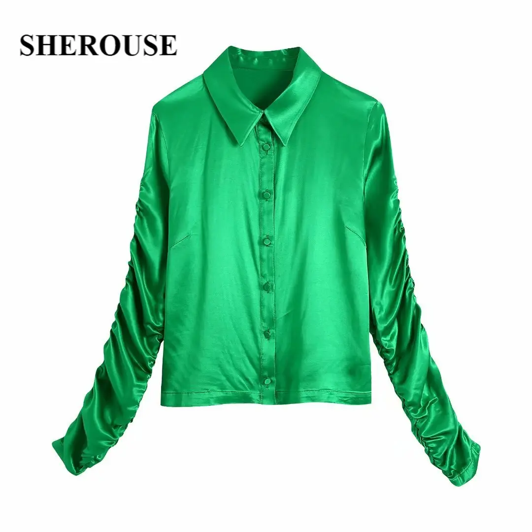 

Sherouse Women Fashion Fitted Satin Collared Blouse Lapel Collar Long Sleeves With Gathered Detail Chic Lady Green Shirt Top