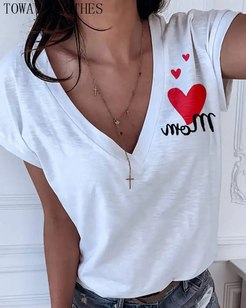 

Women Summer V Neck Heart Letter Print Short Sleeve Elegant Casual T-shirt Tops Tee Female Shirt Woman Camisetas Mujer