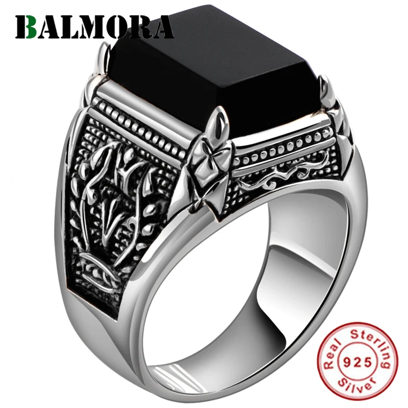 BALMORA Real 925 Серебряное кольцо с черным фианитом для мужчин и женщин Выгравированный цветок Мужская мода Стерлинговое тайское серебро ювелирные изделия синтетический оникс