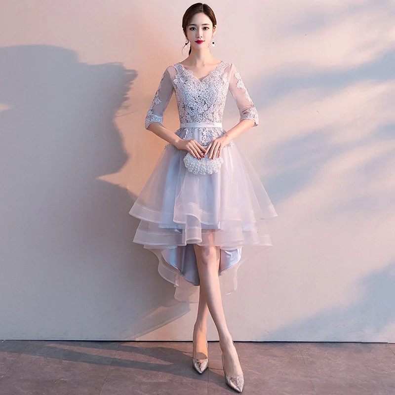 Светло серые женские кружевные вечерние платья с v образным вырезом модное