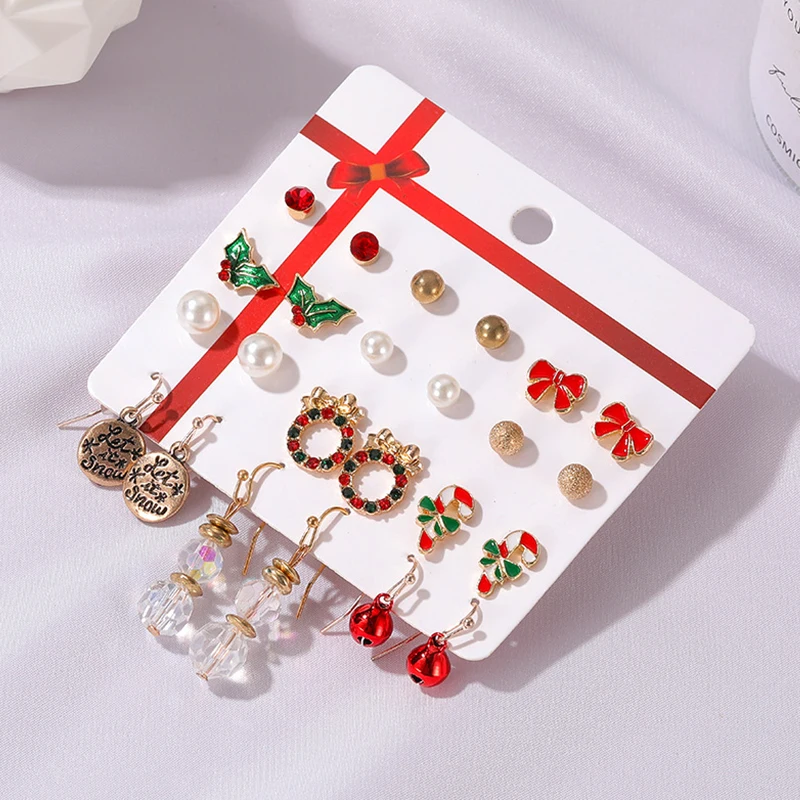 

12 Pairs/set New Christmas Earrings Gift Christmas Deer Bell Santa Claus Ear Studs Party Jewelry Combination Wholesale