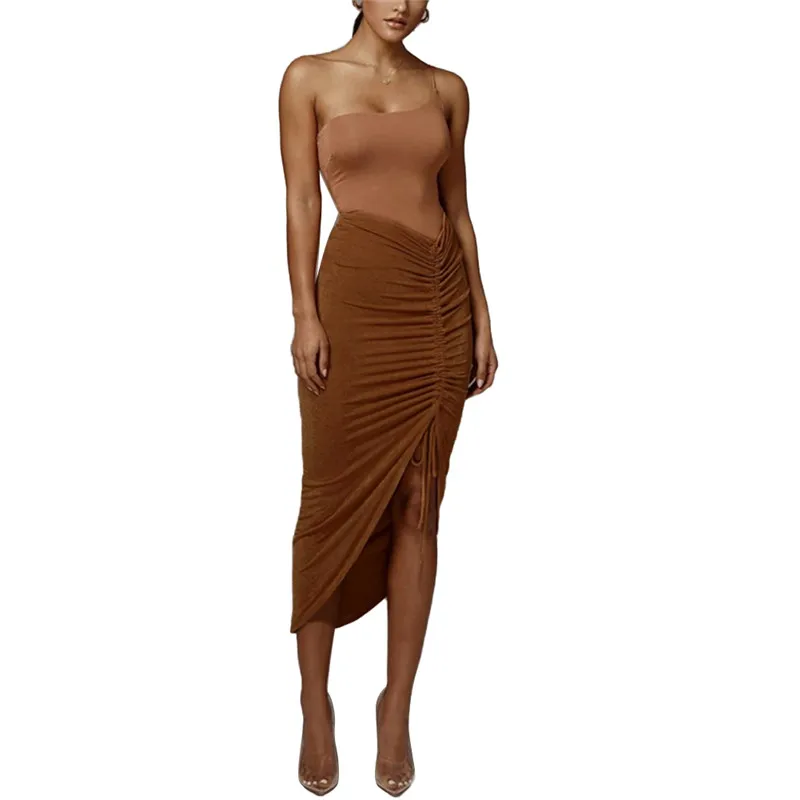 

Womens Fashion Solid Color Skirt Summer Drawstring High-waist Irregular Skinny Midi Skirt