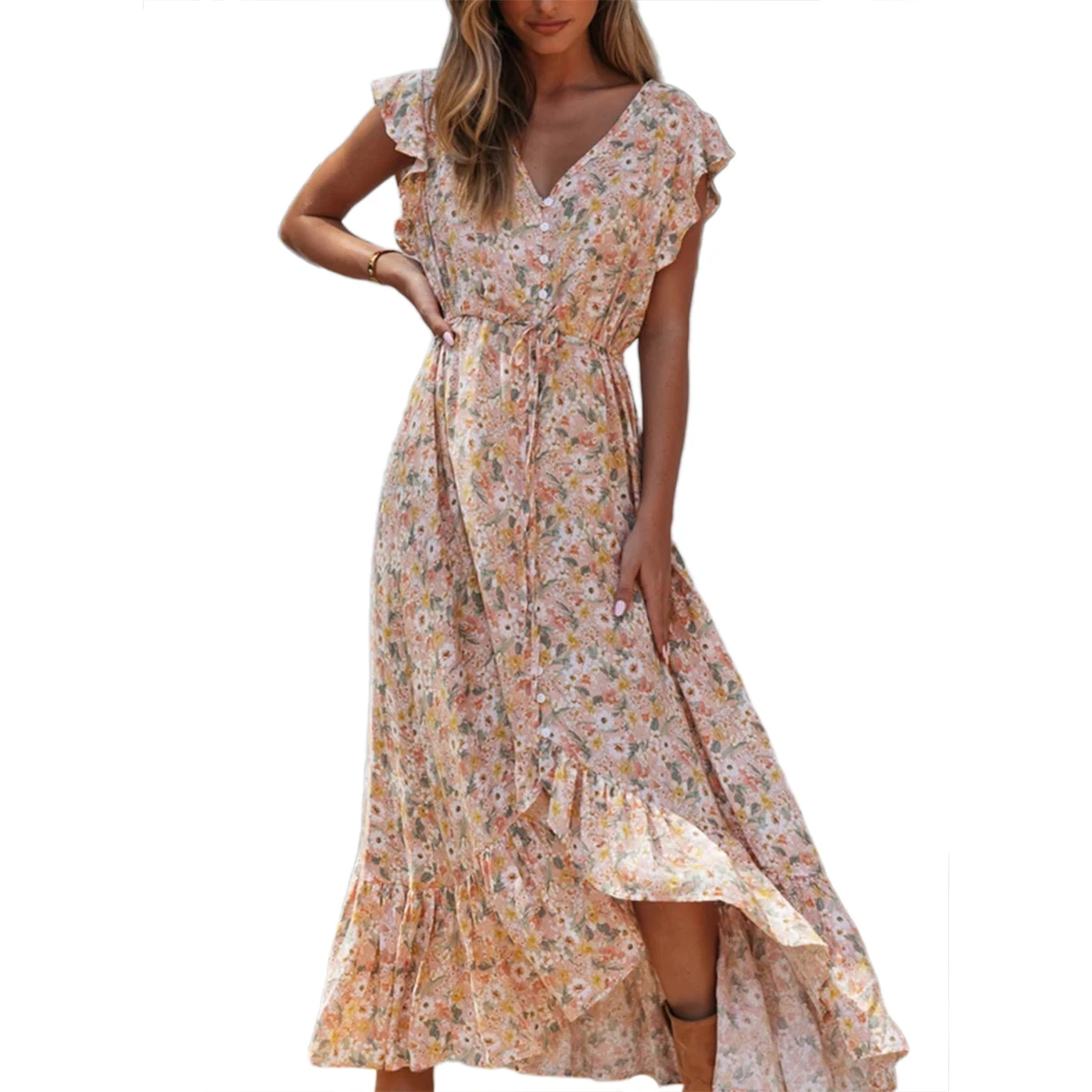 

Floral Print Long Dress Boho Summer Vestidos Buttons Sashes Ladies Gypsy Maxi Dresses Casual Female 2020 Spring Summer New