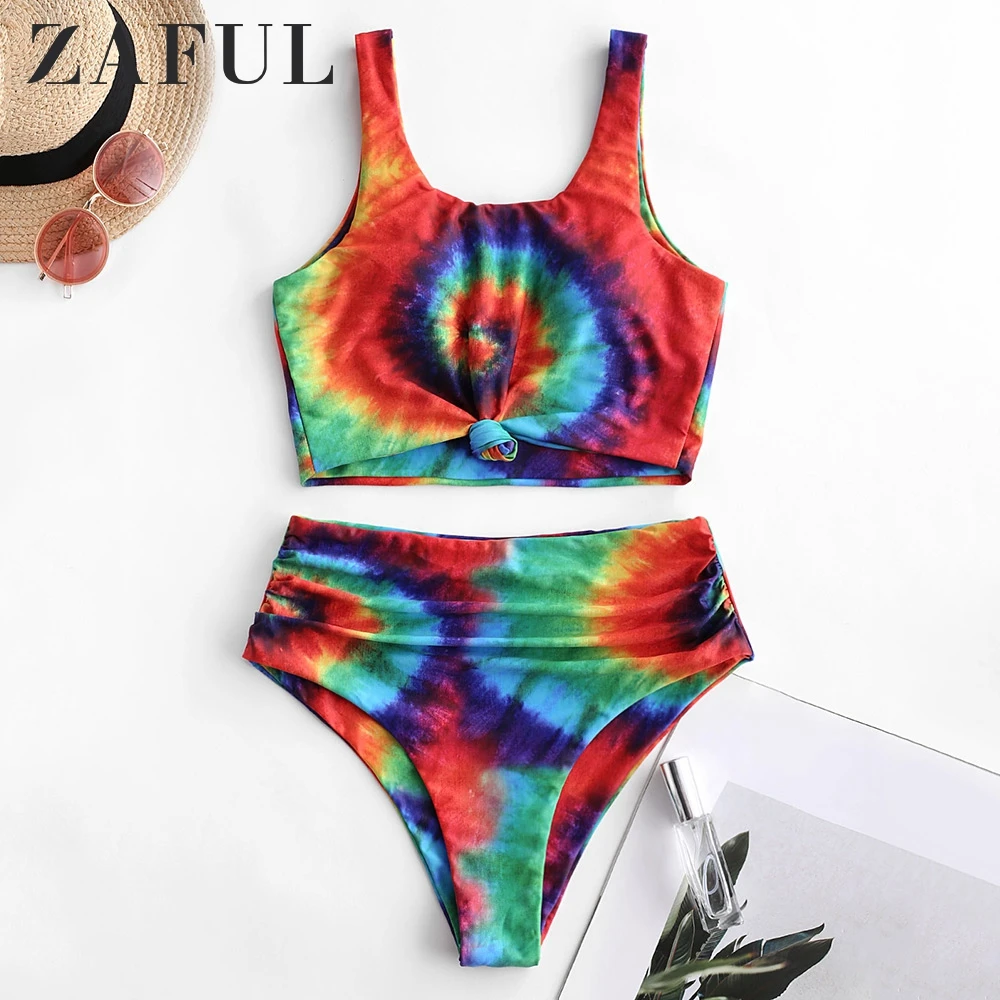 

ZAFUL Women Swimwear Bikini Set Knot Ruched Rainbow Tie Dye Print Tankini Swimsuit Tank Top High Waist Sexy Female Bathing Suit