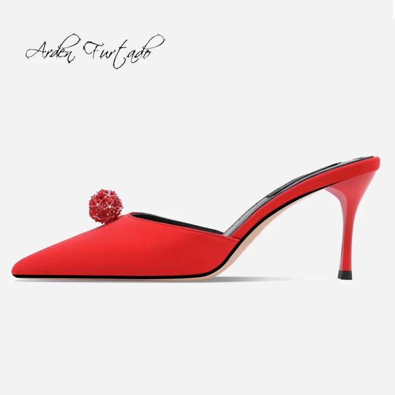 

Модная Летняя женская обувь с острым носком на шпильках, красные мюли, сексуальные элегантные Шлепанцы из нержавеющей стали на каблуке 7 см