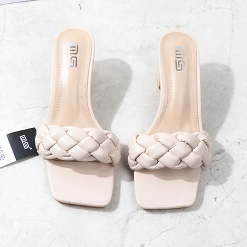 

Women Slippers 2021 Summer Fashion Sexy High Heels Shoes Narrow Band Square Toe Beach Slides Ladies Casual Woven