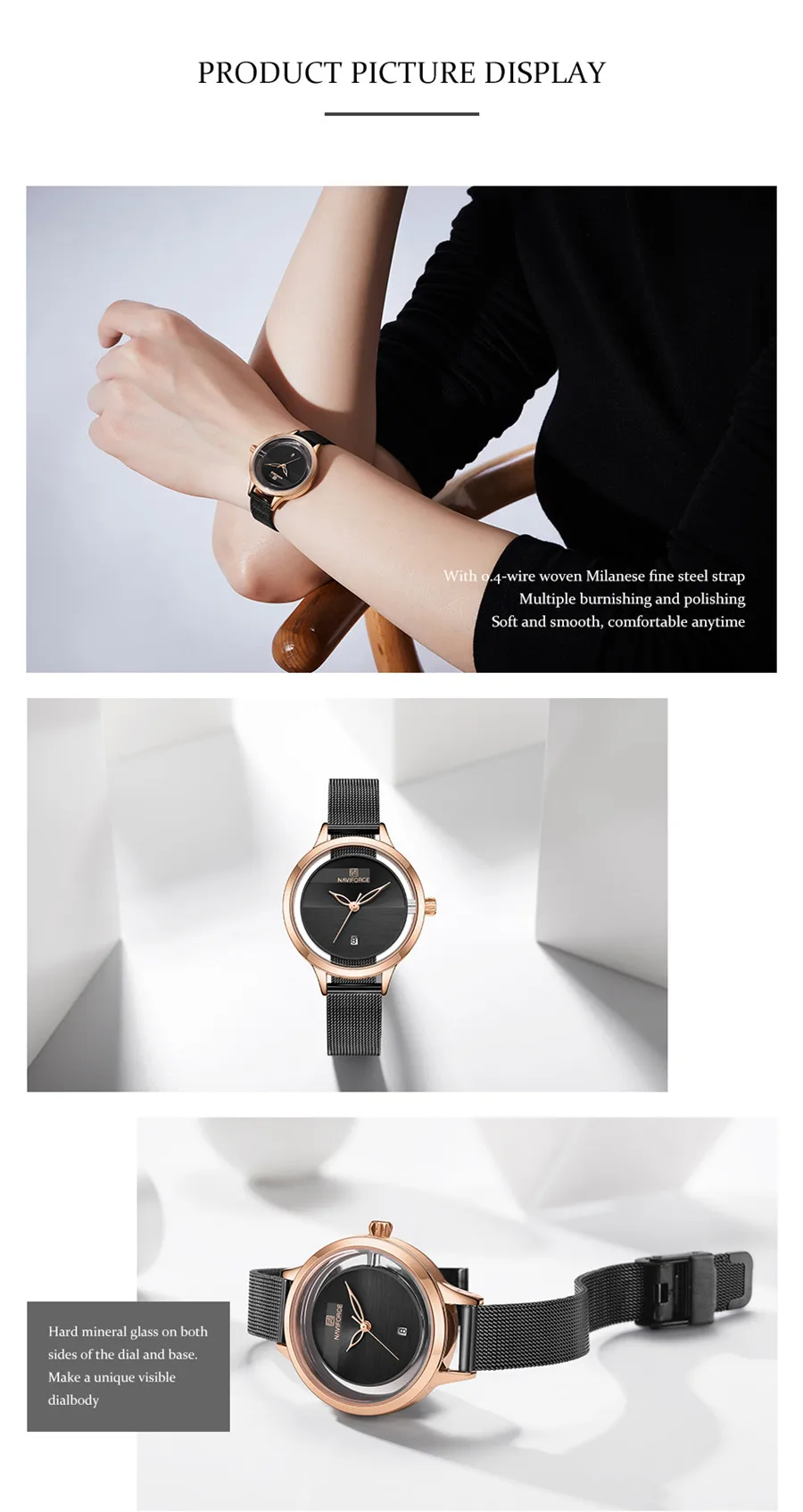 NAVIFORCE женские часы Топ бренд Роскошные черные розовое золото наручные сетка