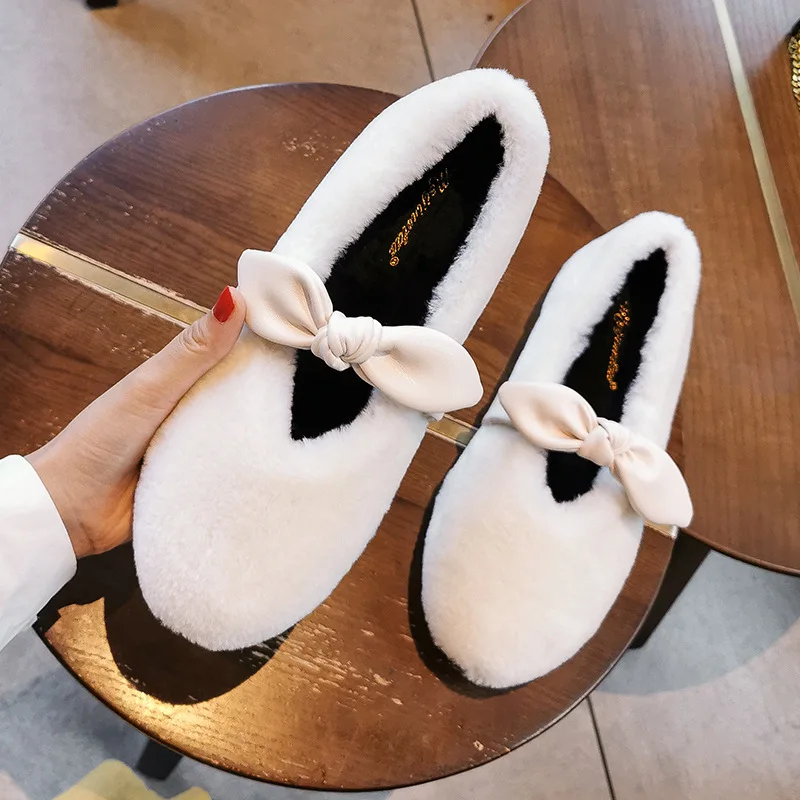 Меховые лоферы Зимняя Теплая обувь женские плюшевые Балетки без шнуровки с