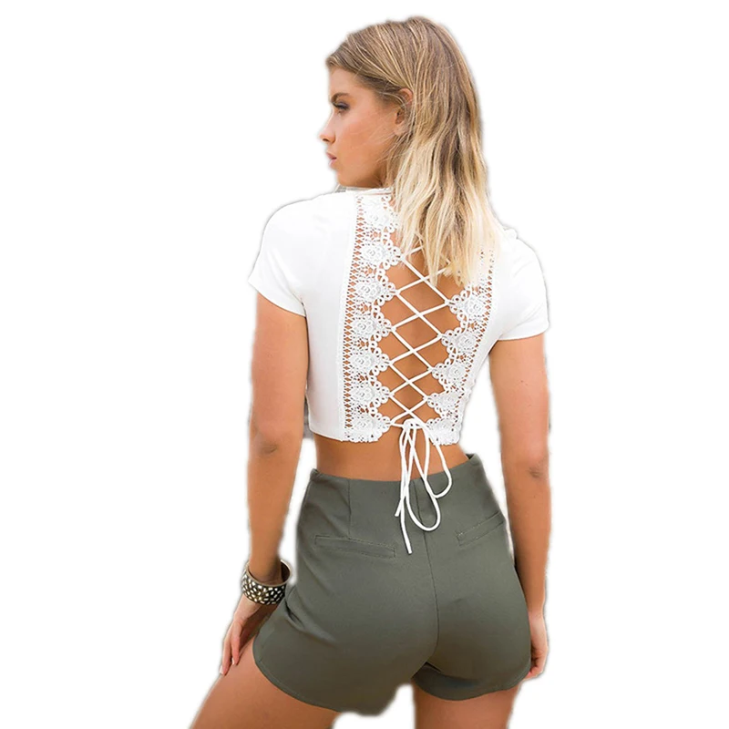 

slim short summer bralette crop tops bandage back deep v neck black white sun tank women girl