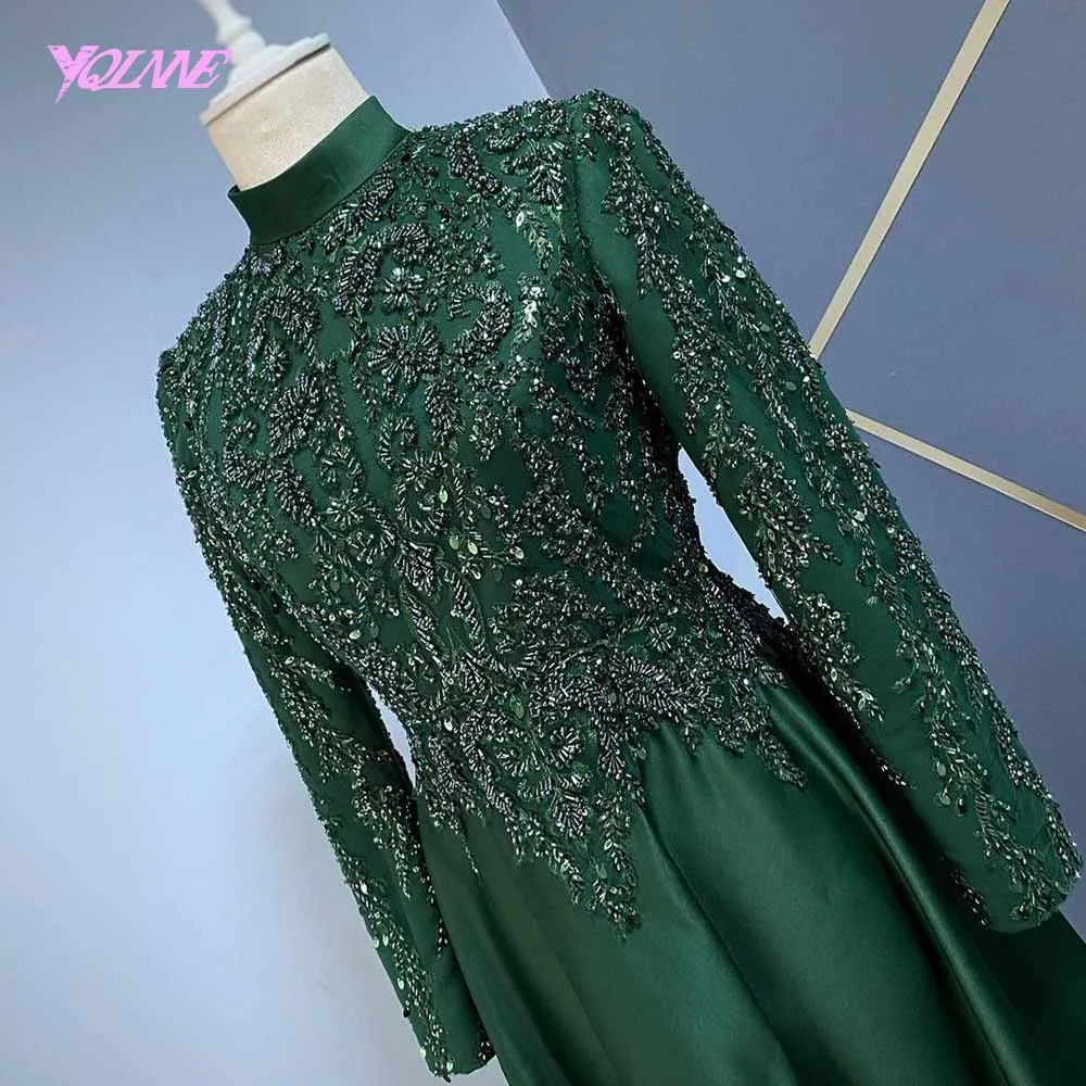 

Elegant Muslim Dark Green Satin Long Sleeve Evening Dresses High Neck Crystals Beaded Formal Women Party Gown Ankle-Length