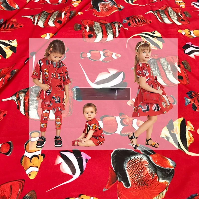 

145 см * 100 см Европейская дизайнерская ткань с принтом золотой рыбки узор Имитация хлопка ткань Летняя мода полиэстер Шитье юбка fabr