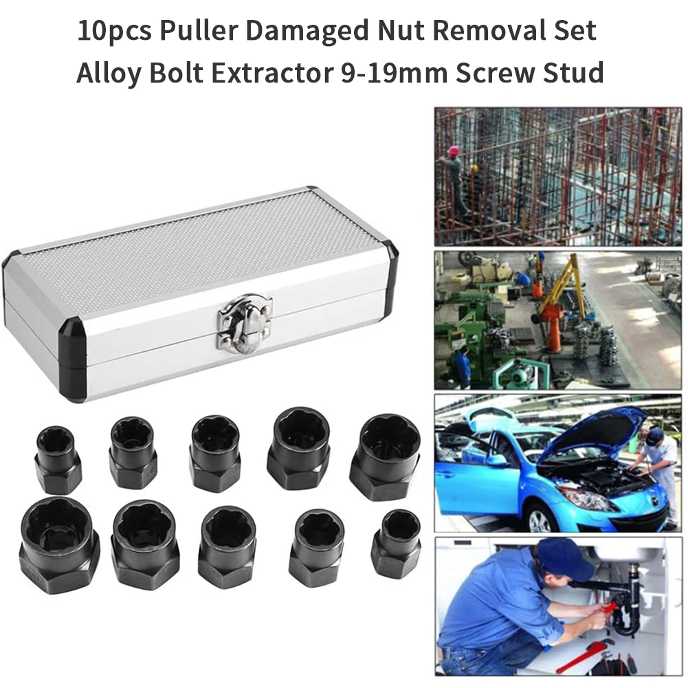 

9-19mm Damaged Nut Bolt Remover Kit Stud Extractor Broken Bolt Screw Impact Remover Hand Tools Set Threading Tool 10pcs