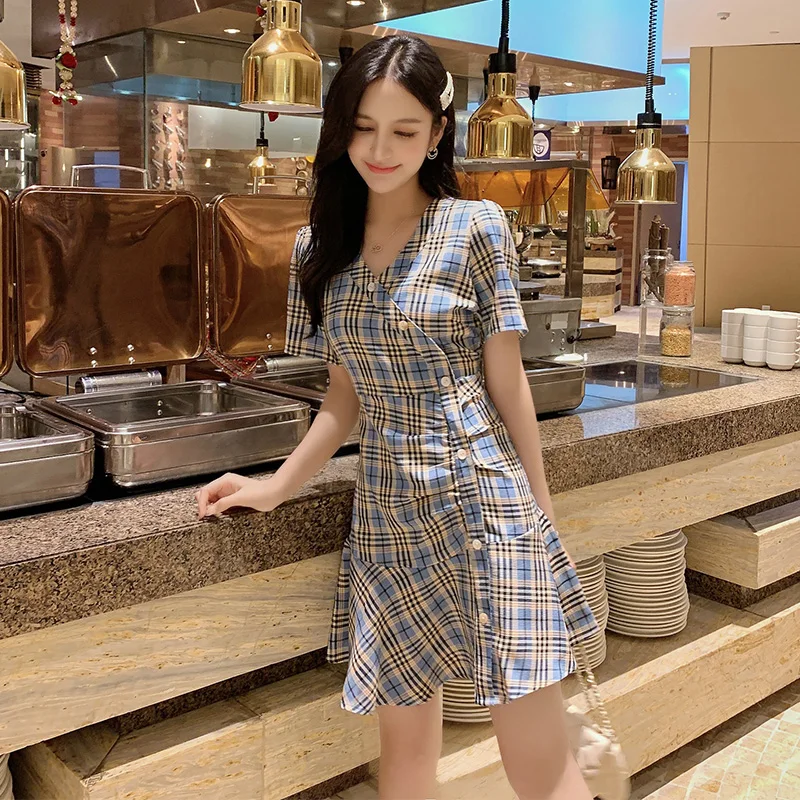 

Fashion Women's Mini Dress 2021 Summer New Temperament Plaid Skirt Short Sleeve Dress For Women