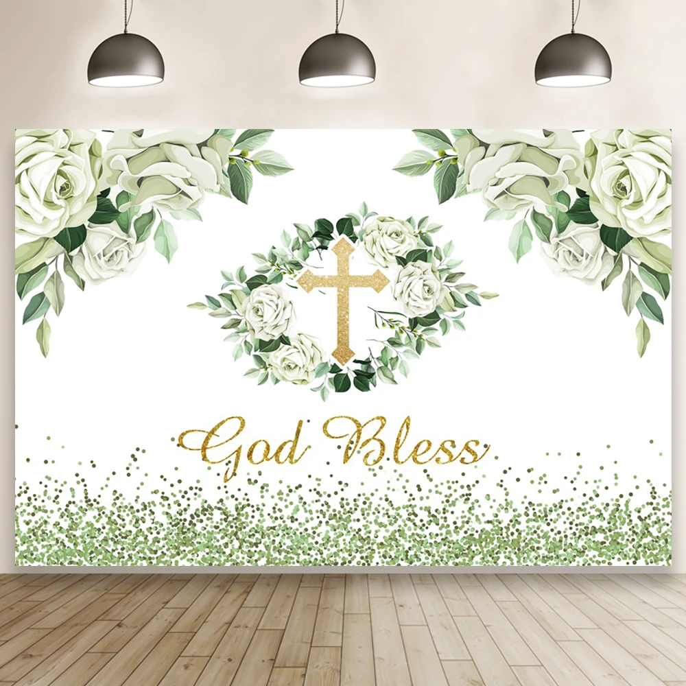 

Laeacco God Bless Photography Background Flowers Cross Green Dot Palka Room Decor Custom Backdrop For Photo Studio Photozone