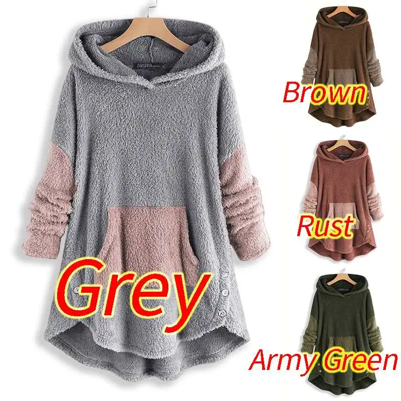 

2021 Fashion Pacthwork Fleece Pullovers Winter Hooded Sweatshirts ZANZEA Women Hoodies Fluffy Coats Outwears Female Tunic 5XL