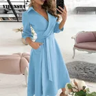 Женское длинное платье-рубашка без рукавов, с открытыми плечами и глубоким V-образным вырезом, весеннее однотонное платье-трапеция с поясом, 2021