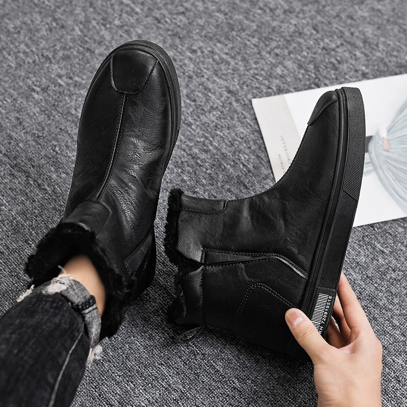 Мужские ботинки из искусственной кожи плюшевая теплая зимняя обувь для мужчин