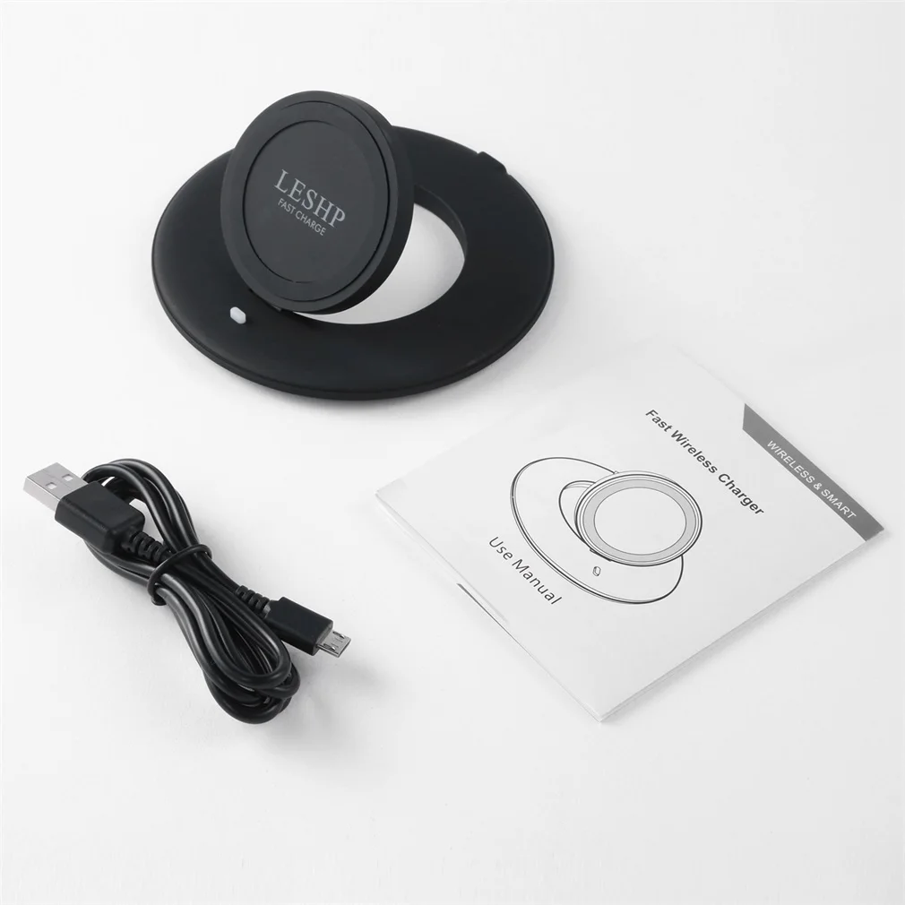 

LESHP Black Round Durable Portable Light Weight LED Light Smart Phone Fast Wireless Charger Pad for All Qi-Enabled Devices
