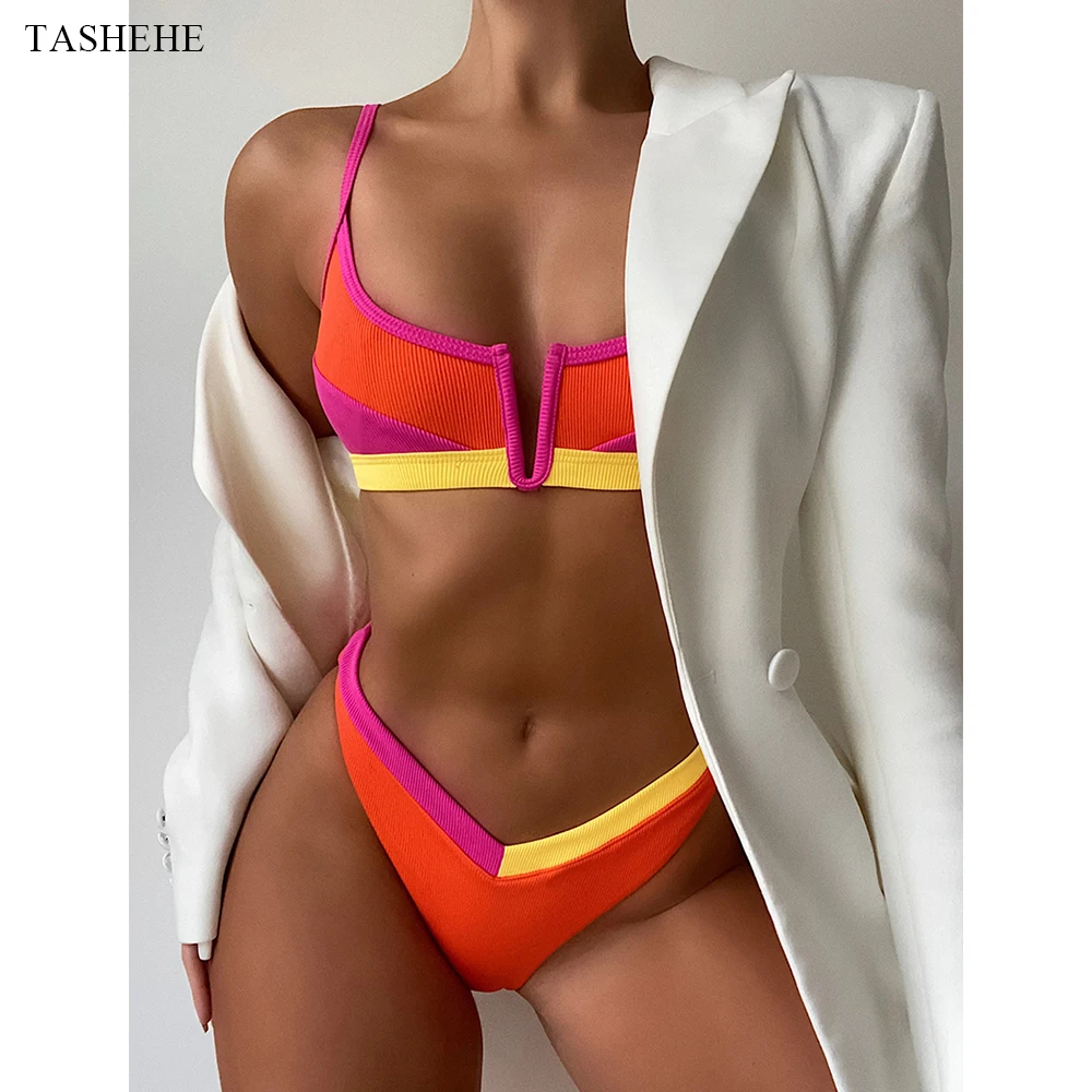 

2021 New Splicing Bikini V-neck Swimsuit Female Push Up Swimwear Ribbed Bikini Set Beach Bathing Suit Summer Bather Biquini