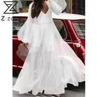 Женское длинное Сетчатое платье с рукавами-фонариками, Длинное свободное Белое Платье макси с v-образным вырезом, лето 2020