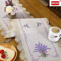 cross stitch white lavender elegant linen european purple embroidered table runner coffee tablecloth decoration lace modern
