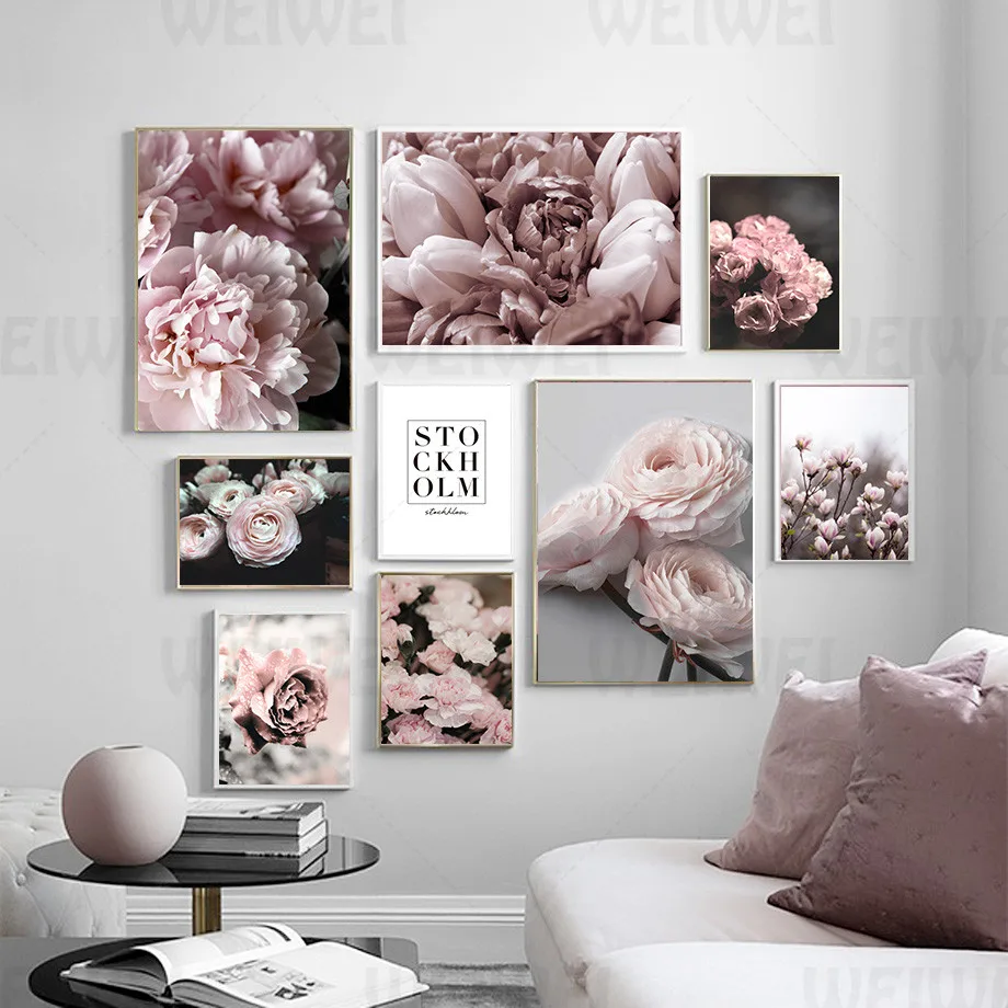 Картина розовая роза и Пион для украшения дома Красивый букет цветов настенный