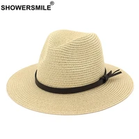 showersmile women sun hats beige paper straw panama hat female beach wide brim jazz cap summer classic ladies brand fedora caps