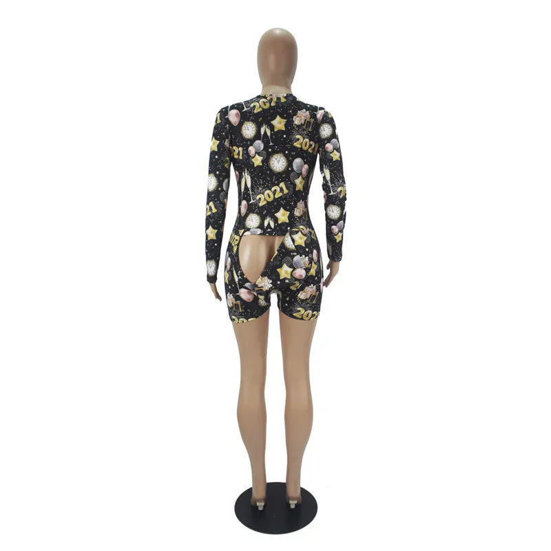 

HIRIGIN 2021 New Year Print Playsuit Long Sleeve Romper Women Butt Flap Deep V-neck Leopard Letter Sleepwear One Piece Nightwear
