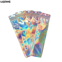 30pc long laser packing bag flat candle cosmetic brush bag one side clear holographic aluminum foil zip lock bags with hang hook