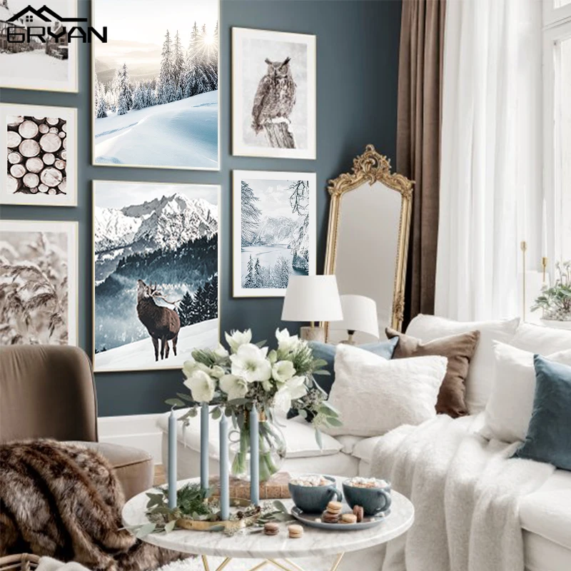 Снежные Рид Сова горный плакат с озером зимний рисунок оленя на холсте принты