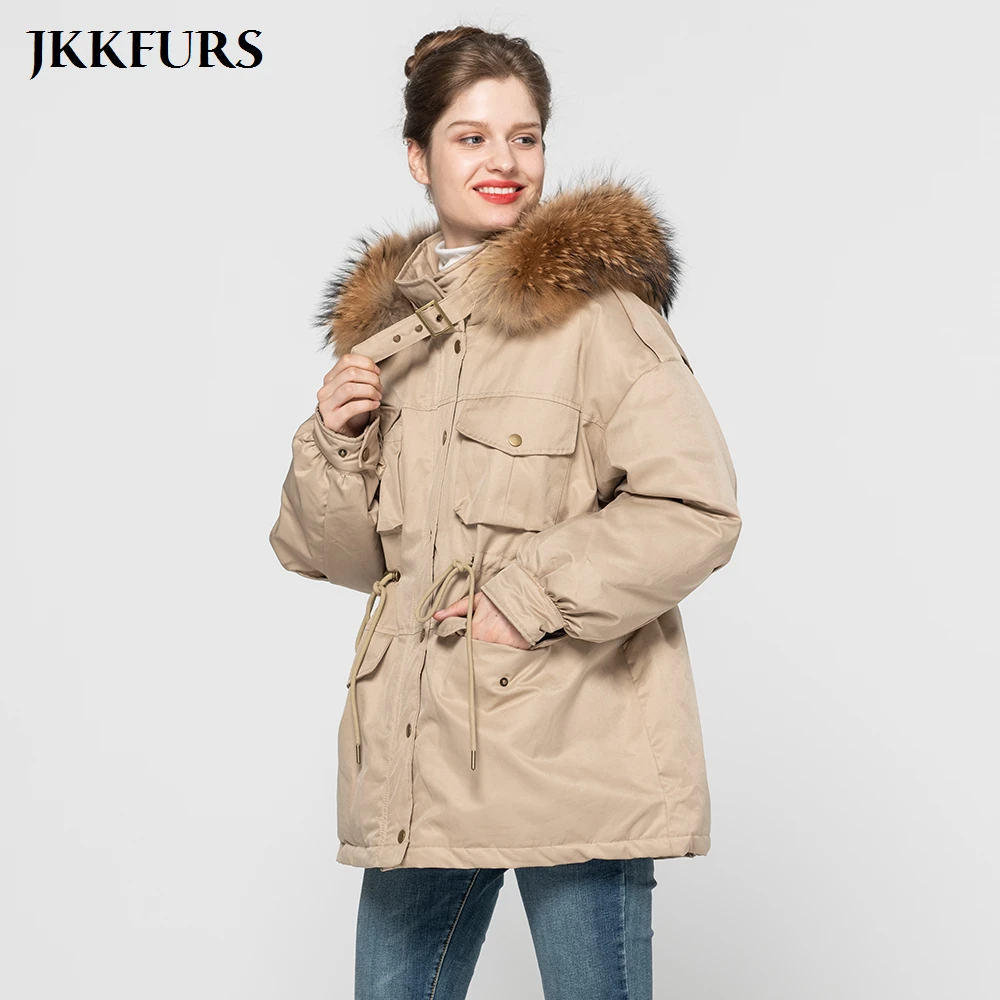 2019 зимнее пуховое пальто женское белое с воротником из натурального меха енота