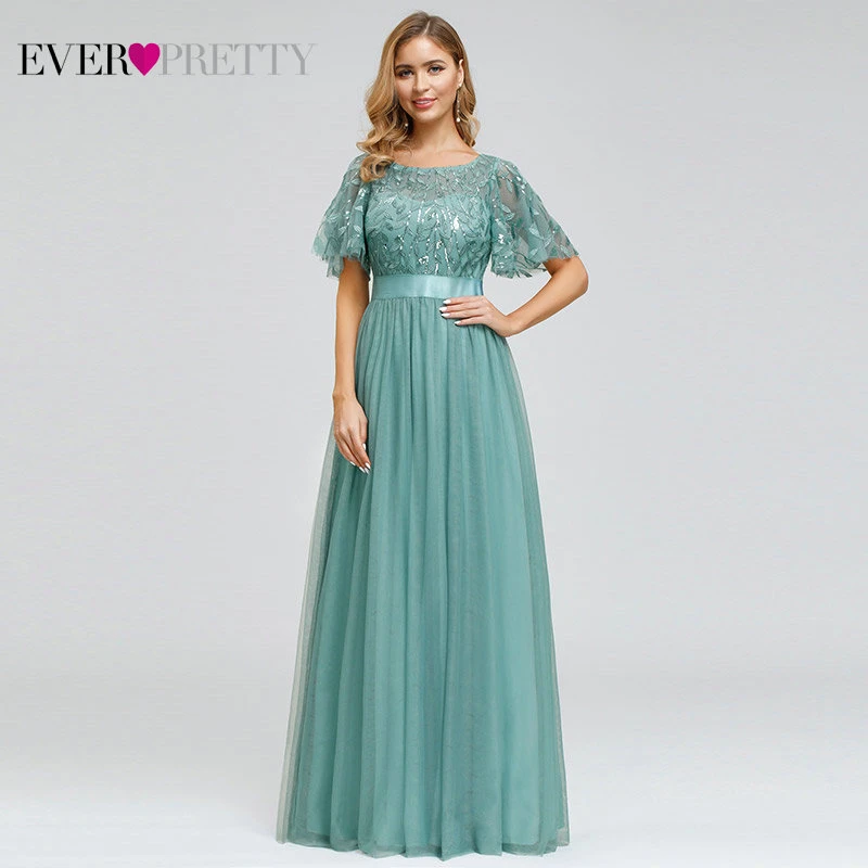 Blue Robe De Soiree блестящие вечерние платья Длинные Ever Pretty EP00904GY A-Line o-образным вырезом с коротким рукавом Вечерние платья женские элегантные платья - Цвет: Blue