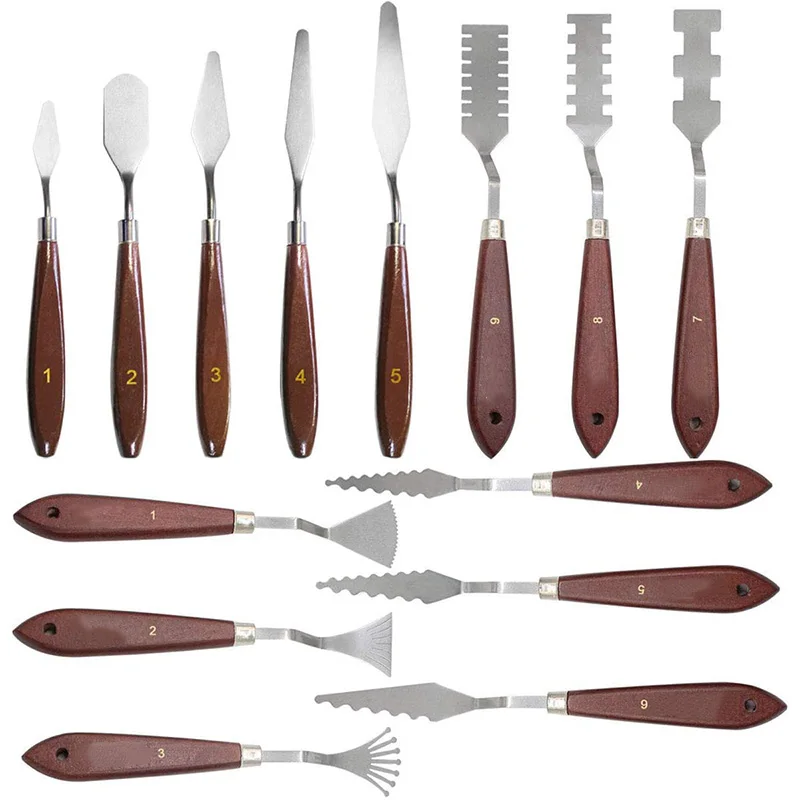 

Палитра нож 14 штук из нержавеющей стали шпатель живопись поставки с деревянной ручкой для живописи маслом