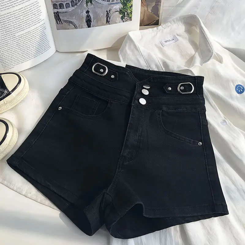 

High waist single breasted denim straight pants women's 2021 summer new Korean versatile large size slim shorts hot pants trend