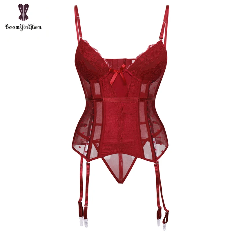 Transparent Women's Sexy Lingerie Mesh Bustier Corset Girdle Eyelash Lace Bodysuit Lingerie Set