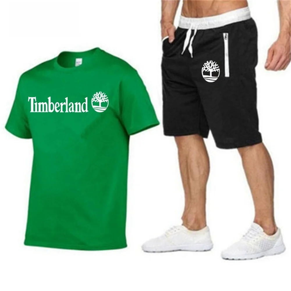 

2021Summer Men's T-shirt Set 2-piece Men's Sportswear Suit Basketball Sports Fitness timberland Printed Short Sleeve + Men's Sui