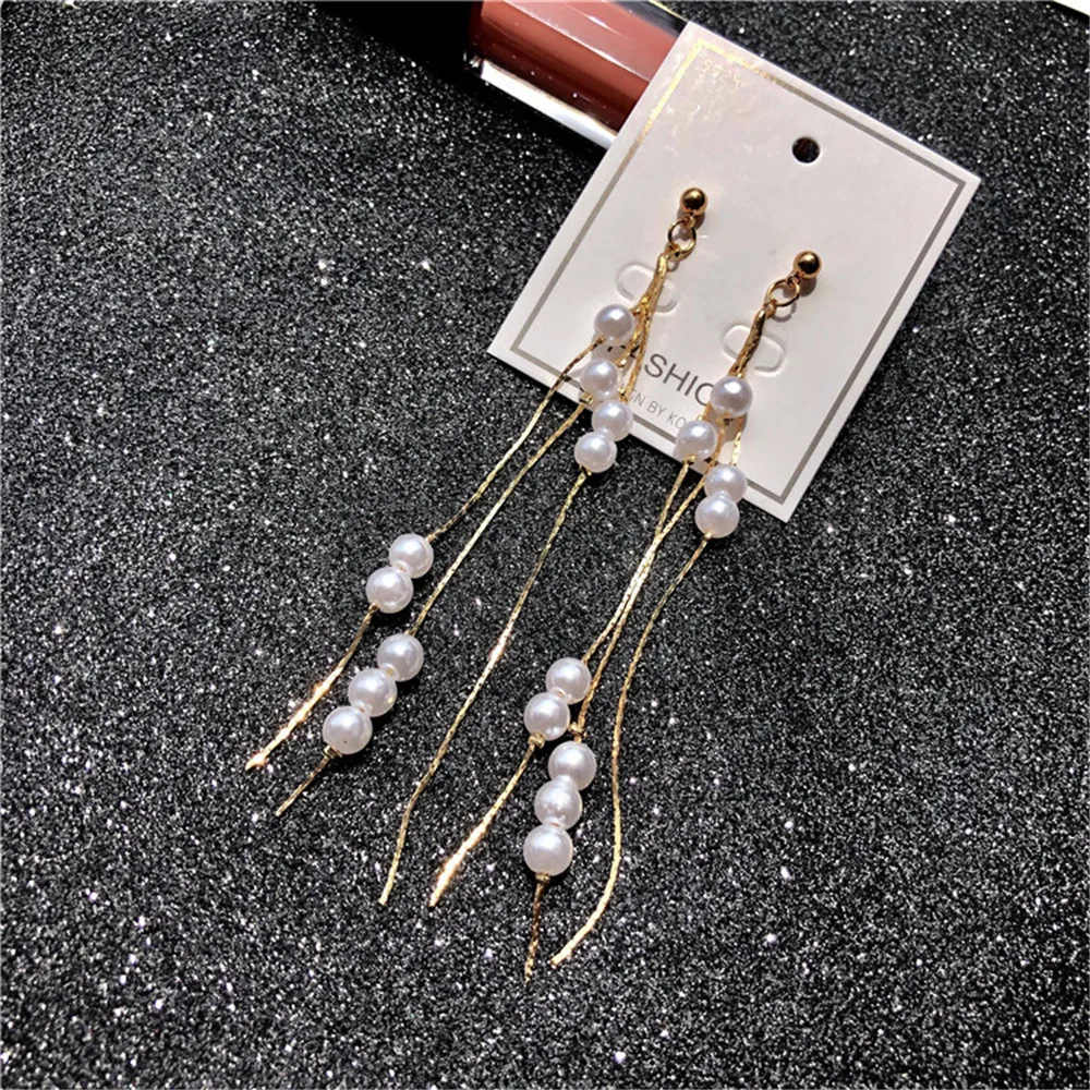 

New Exquisite Temperament Tassel Earrings Female Long Beads Simple Fashion Net Red Charm Jewelry Valentine's Day Gift Wholesale