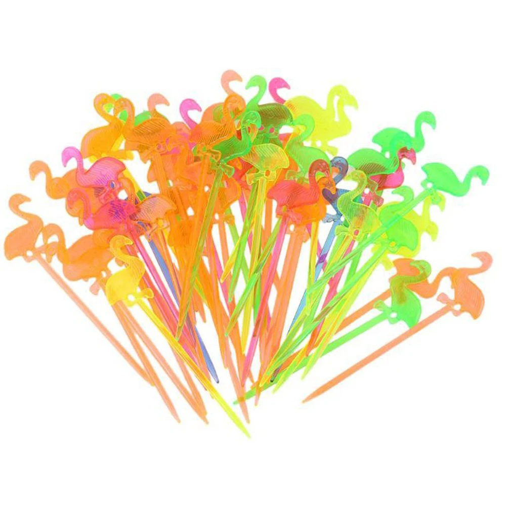 50 шт./лот многоцветные палочки Фламинго Фруктовые шпажки пластиковые десертные