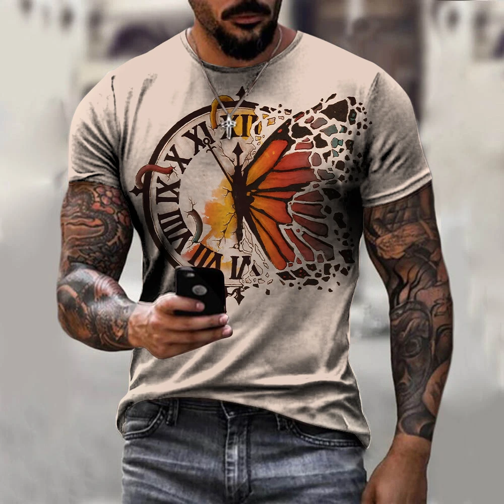 

Clock Print T-shirt Standard Compass Short Sleeve Summer Casual Fashion Men's Loose Breathable Neckline Sweatshirt Top