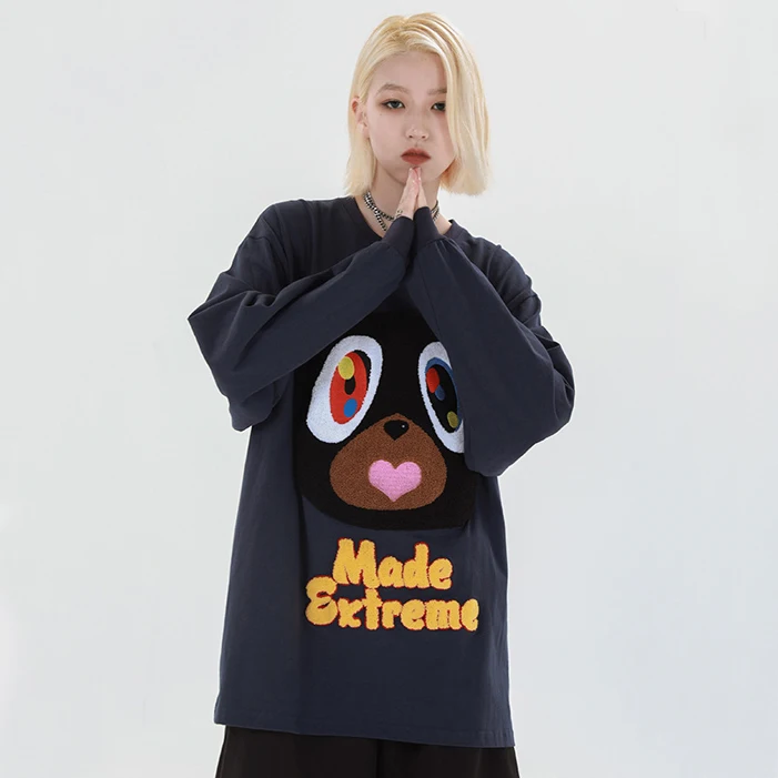 

Men Sweatshirt Cartoon Fleece Animal Patchwork Pullover Men O-Neck Vintage College Style Thin Hoodies Couple Streetwear