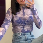 Женские сексуальные прозрачные сетчатые Короткие топы на весну и осень, Женская Прозрачная облегающая футболка с длинным рукавом и абстрактным принтом, фиолетовая