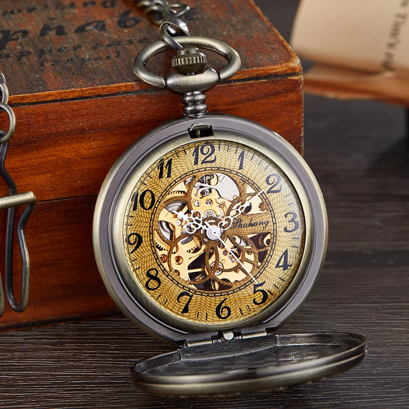 Zodiac Engraved Mechanical Pocket Watch Skeleton Wood Bronze Case Fob Chain Clock for Men Women Collection Reloj Dropshipping